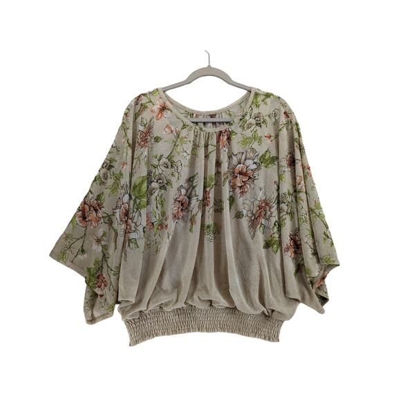 Susan Graver Floral Blouse S Cream Loose Fit Batwing Top Crew Elastic Hem Office - Picture 1 of 8